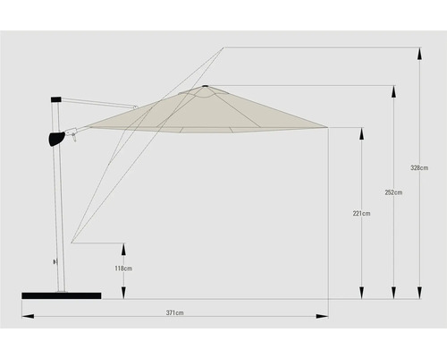 Maße eines Sonnenschirms mit Sockel.