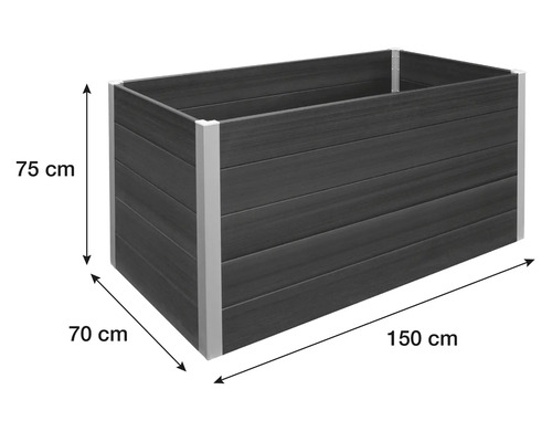 Pflanzkasten mit den Maßen 75 cm Höhe, 70 cm Breite und 150 cm Länge