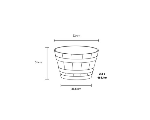 Abbildung eines Pflanzgefäßes mit den Maßen 52 cm Breite, 31 cm Höhe und einem Volumen von 46 Litern.