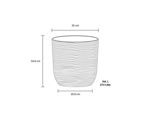 Technische Zeichnung eines Pflanzgefäßes mit den Maßen 35 cm Breite, 34,9 cm Höhe und 25,9 cm Bodendurchmesser, Volumen 27,4 Liter
