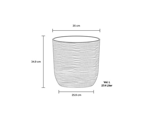 Illustration eines Pflanzgefäßes mit den Maßen 35 cm Breite, 34,9 cm Höhe und 25,9 cm Tiefe sowie einem Volumen von 27,4 Litern