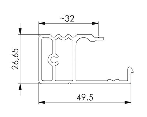 Technische Zeichnung eines Aluminiumprofils mit Maßangaben