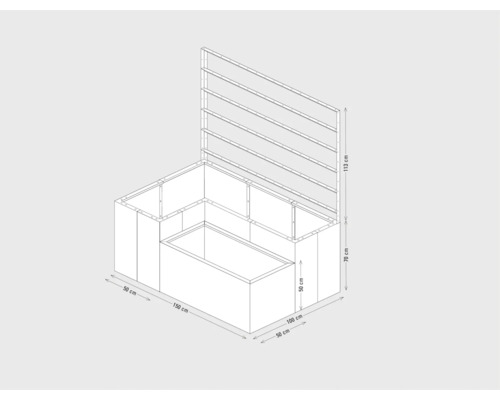 Technische Zeichnung eines Hochbeets mit den Maßen 150 x 100 x 113 cm