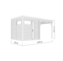Zeichnung eines Gerätehauses mit Vordach und Maßangaben