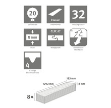 Technische Spezifikationen Laminat: Garantiezeit 20 Jahre, Dielenformat Classic, Nutzungsklasse 32, Dicke 8 Millimeter, Verlegeprofil Clic it!, antistatische Oberfläche, vierseitige Woodvision Fase, acht Dielen, Maße: 1292 Millimeter x 193 Millimeter