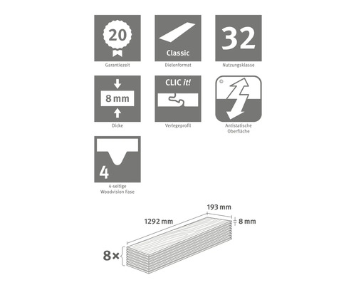 Technische Spezifikationen Laminat: Garantiezeit 20 Jahre, Dielenformat Classic, Nutzungsklasse 32, Dicke 8 Millimeter, Verlegeprofil Clic it!, antistatische Oberfläche, vierseitige Woodvision Fase, acht Dielen, Maße: 1292 Millimeter x 193 Millimeter