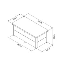 Technische Zeichnung eines Schreibtisches mit den Maßen 75 x 165 x 69 cm.