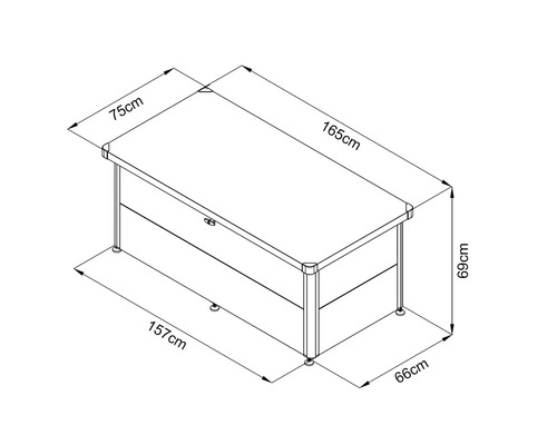 Technische Zeichnung eines Schreibtisches mit den Maßen 75 x 165 x 69 cm.