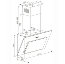 Technische Zeichnung einer Dunstabzugshaube mit Maßangaben.