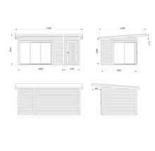 Technische Zeichnung eines Gartenhauses mit Maßen.