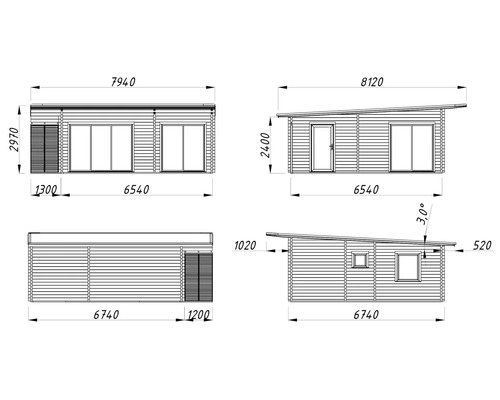 Technische Zeichnung eines Gartenhauses mit Maßangaben für verschiedene Ansichten
