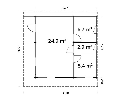Grundriss eines Gartenhauses mit Raummaßen