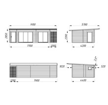 Technische Zeichnung eines Gartenhauses mit Maßangaben