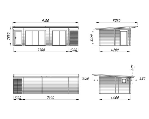 Technische Zeichnung eines Gartenhauses mit Maßangaben