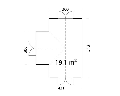 Grundrisszeichnung mit Abmessungen für ein Gartenhaus, Fläche 19,1 Quadratmeter