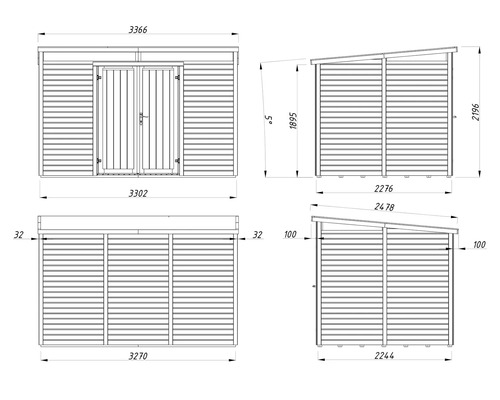 Technische Zeichnung eines Gerätehauses mit Abmessungen