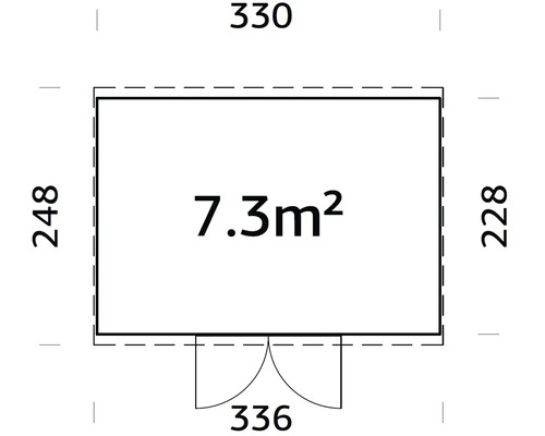 Grundrisszeichnung mit Maßangaben: 7.3 Quadratmeter Fläche, 330 Zentimeter Breite, 248 Zentimeter Tiefe und 336 Zentimeter Türbreite