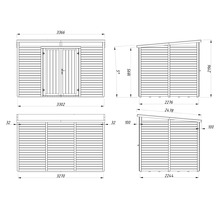 Technische Zeichnung eines Gartenhauses mit Maßen
