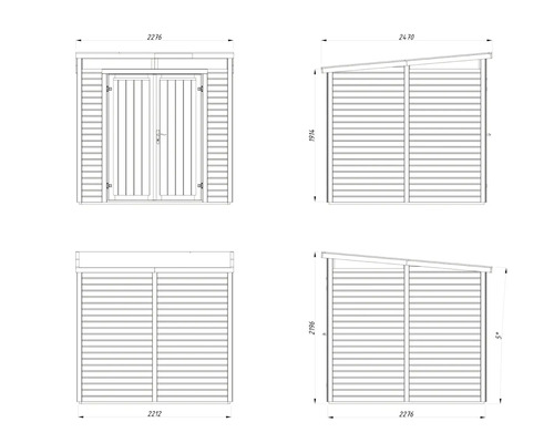 Technische Zeichnung eines Gerätehauses mit Doppeltür und Pultdach, Ansichten von vorne, hinten und von den Seiten mit Maßangaben.