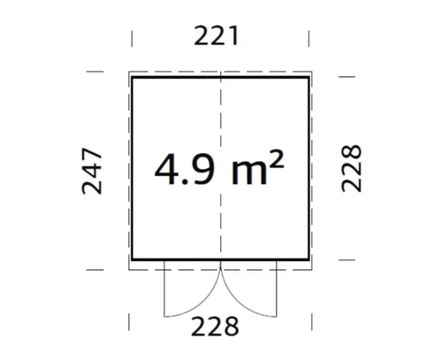 Grundrisszeichnung mit Abmessungen: 221 Zentimeter Breite, 247 Zentimeter Tiefe und 4,9 Quadratmeter Fläche