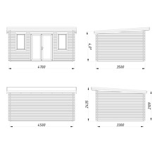 Technische Zeichnung eines Gartenhauses mit Maßangaben.