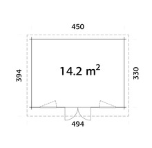 Grundriss eines Gartenhauses mit den Maßen 450 mal 330 Zentimeter und einer Fläche von 14,2 Quadratmetern