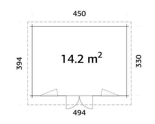 Grundriss eines Gartenhauses mit den Maßen 450 mal 330 Zentimeter und einer Fläche von 14,2 Quadratmetern