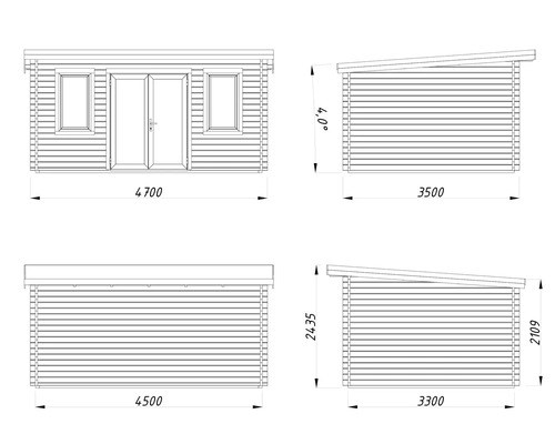 Technische Zeichnung eines Gartenhauses mit Maßen.