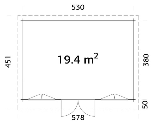 Grundrisszeichnung eines Gartenhauses mit Flächenangabe und Maßangaben