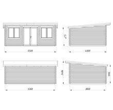 Abmessungen eines Gerätehauses mit Doppeltür und Fenster