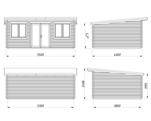 Abmessungen eines Gerätehauses mit Doppeltür und Fenster