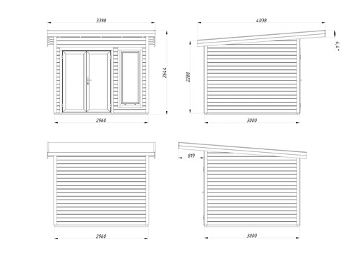 Technische Zeichnung eines Gartenhauses mit Maßen