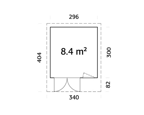 Grundriss mit den Maßen 296 mal 404 Zentimeter und einer Fläche von 8,4 Quadratmetern