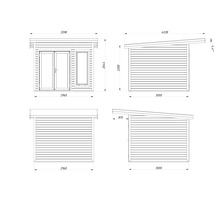 Technische Zeichnung eines Gerätehauses mit Maßen