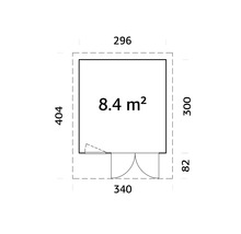 Grundrisszeichnung eines Gartenhauses mit den Maßen 404 x 296 Zentimeter und einer Fläche von 8,4 Quadratmetern.