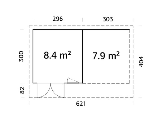 Grundriss eines Gartenhauses mit Flächenangaben in Quadratmetern und Maßangaben in Zentimetern