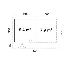 Grundrisszeichnung eines Gartenhauses mit Flächenangaben