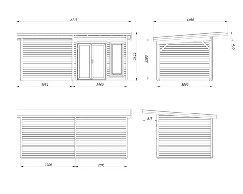Technische Zeichnung eines Gartenhauses mit Maßangaben