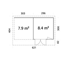 Grundriss eines Gartenhauses mit Flächenangaben und Abmessungen