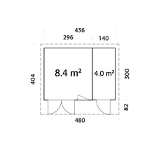 Grundriss des Gartenhauses mit Abmessungen und Flächenangaben