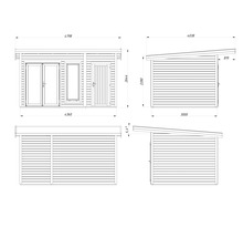 Technische Zeichnung eines Gartenhauses mit Maßen