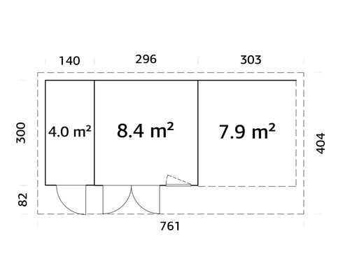 Grundrisszeichnung eines Gartenhauses mit Abmessungen.