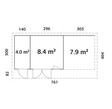 Grundriss eines Gartenhauses mit Abmessungen und Flächenangaben