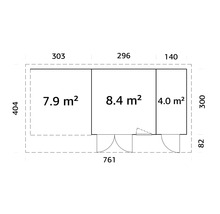 Grundrisszeichnung mit Maßangaben in Zentimetern und Quadratmetern