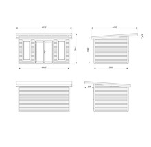 Technische Zeichnung eines Gartenhauses mit Maßen