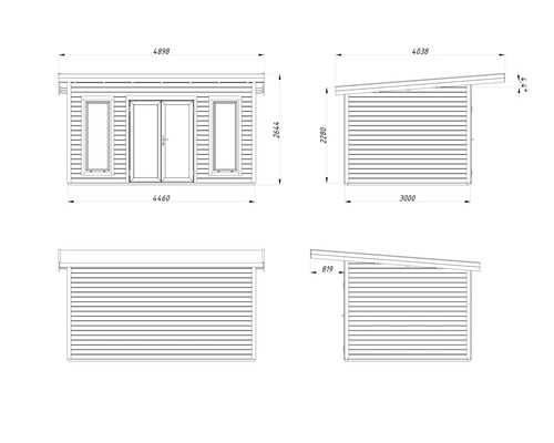 Technische Zeichnung eines Gartenhauses mit Maßangaben.