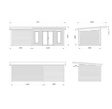 Zeichnung eines Gartenhauses mit Abmessungen