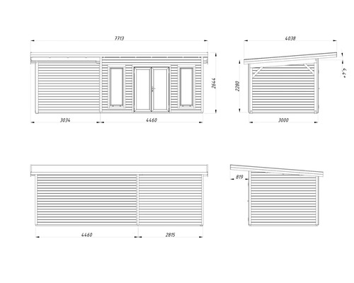 Zeichnung eines Gartenhauses mit Abmessungen