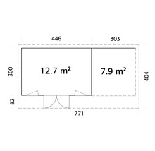 Grundrisszeichnung eines Gartenhauses mit Maßangaben.