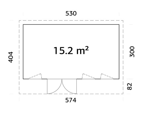 Grundrisszeichnung eines Gartenhauses mit Maßangaben und einer Fläche von 15.2 Quadratmetern